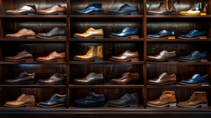 An array of sleek, modern footwear ranging from formal shoes to casual sneakers, neatly lined up in a contemporary shoe store, each pair presenting a blend of comfort and style for discerning customer - obrazy, fototapety, plakaty