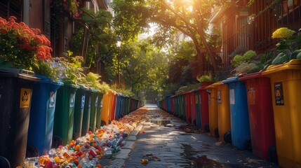 An array of recycling bins, their colors vivid under the midday sun, line a city street with the...
