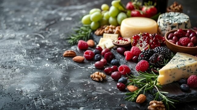 An artisan cheese board featuring a variety of cheeses, nuts, and fruit, arranged on the right, with the left half of the image showcasing a textured grey background for text