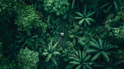 Fototapeta na wymiar A person navigating through a dense jungle, symbolizing finding paths through complexity in business processes