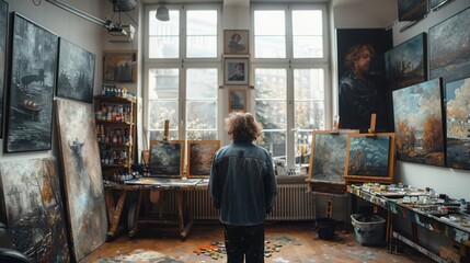 An artist's studio flooded with natural light, canvases in various states of completion, paint tubes scattered, and a focused painter at work - obrazy, fototapety, plakaty