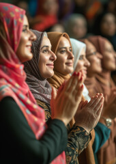 Fototapeta premium Group of young Arabic ethnicity women clapping hands at meeting or presentation speech. Generative AI