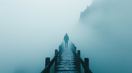 A person navigating through a dense fog, symbolizing clarity and insight in business strategies