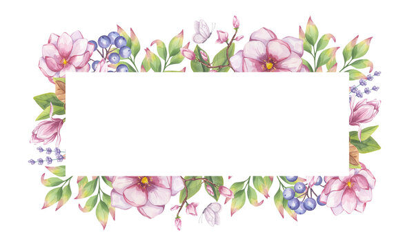 Banner frame template pink magnolia, blue berries, green leaves foliage, butterfly. Hand drawn watercolor illustration background. For wedding invitation, save the date, greeting design
