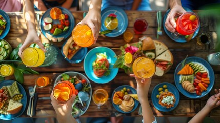 Fototapeta premium a top view on a spring brunch or picnic table with a selection of dishes and drinks and hands of family members holding glasses with beverages