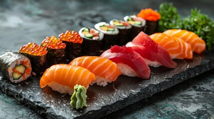 An elegant sushi set, featuring various rolls and sashimi, neatly arranged on a black slate plate on the left, against a dark background with space for text