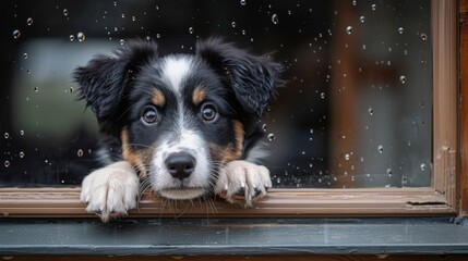 An energetic border collie puppy, with its front paws on the window pane next to the front door, gazing out into the street, eagerly watching for any sign - obrazy, fototapety, plakaty