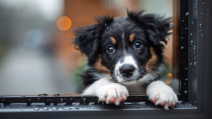 An energetic border collie puppy, with its front paws on the window pane next to the front door,...