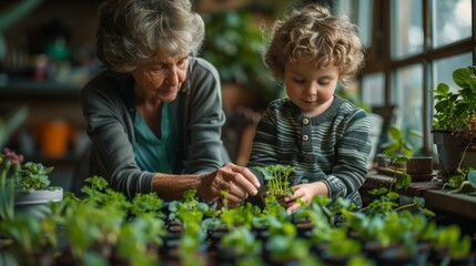 An engaging afternoon where a grandmother is showing her grandson how to plant seeds in small pots inside the house, with a small gardening set laid out on a table - obrazy, fototapety, plakaty