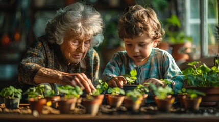 An engaging afternoon where a grandmother is showing her grandson how to plant seeds in small pots inside the house, with a small gardening set laid out on a table