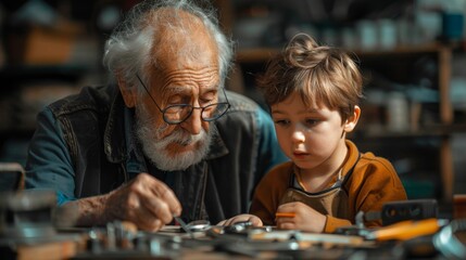 An image capturing the moment a grandfather and his grandson are building a model airplane together at a workbench cluttered with tools and parts, showcasing a bond formed through shared hobbies.