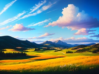 Obraz premium Beautiful view of a meadow against the background of mountains and blue sky with clouds