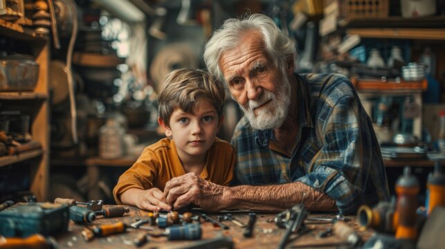 An image capturing the moment a grandfather and his grandson are building a model airplane together at a workbench cluttered with tools and parts, showcasing a bond formed through shared hobbies.