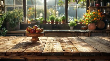An unpolished, earthy wooden table top provides a raw, grunge aesthetic, with a kitchen backdrop that softly suggests the warmth of home life. This setting is ripe for advertisers looking - obrazy, fototapety, plakaty