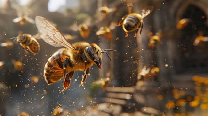 An up-close view captures flying bees and a wooden beehive