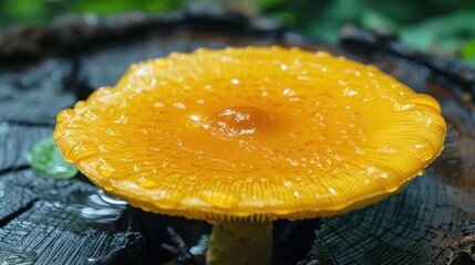 a close up of a yellow flower on a tree stump with water droplets on the petals and leaves around it.