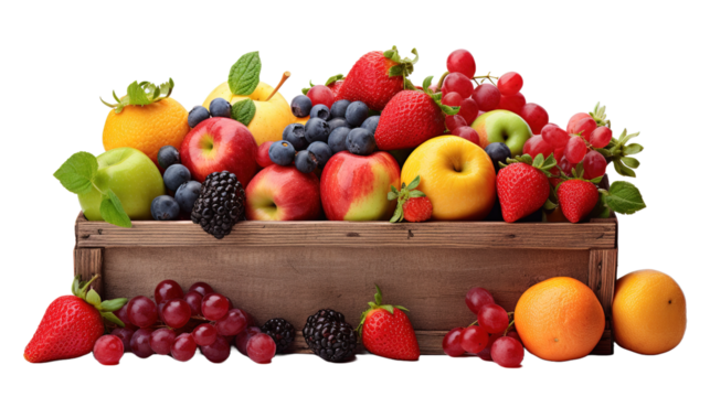 Link Title Multicolored fruits in a crate isolated on white or transparent background