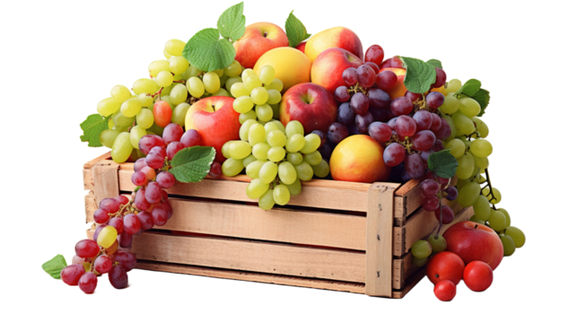 Link Title Multicolored fruits in a crate isolated on white or transparent background
