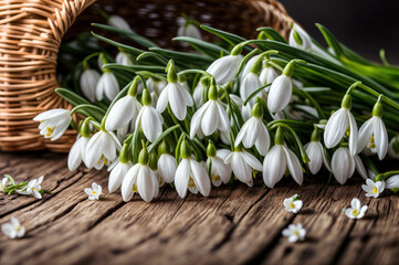 Snowdrop flowers in close-up on a wooden table