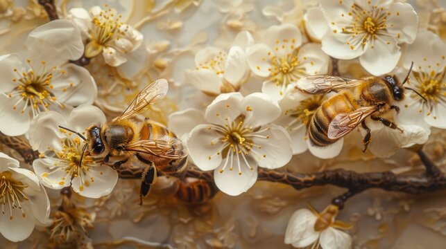 Bees collecting nectar from nearby blossoms, with the hive in the frame, to depict the harmony of nature.