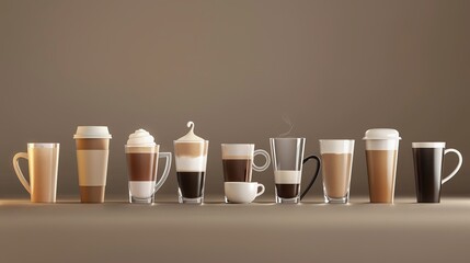 An assortment of coffee served in different cups, perfect for a coffee break or coffee time. - obrazy, fototapety, plakaty