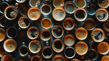 A top-down view showcasing many cups of coffee arranged in a pleasing pattern.