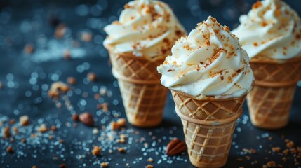 three ice cream cones with whipped cream and cinnamon sprinkles on a black surface with confetti scattered around them. - obrazy, fototapety, plakaty