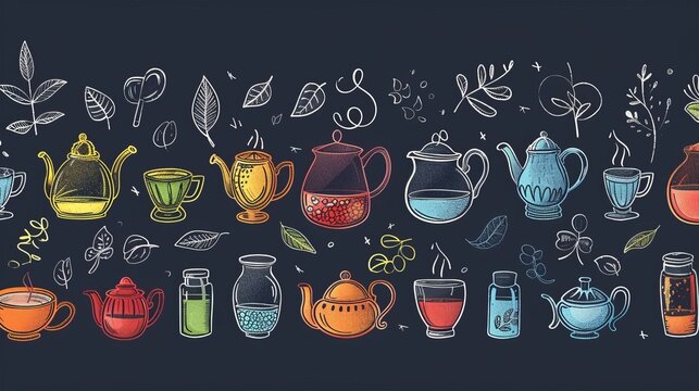 A doodle banner for tea time featuring a set of colored tea icons. Glass teapots containing various kinds of tea are depicted on a dark background