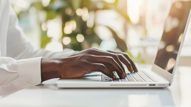 Close-up of the african american man hands typing on the laptop.