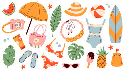 Big summer set with watermelon, surfboards, bikini, seashells, and palm leaves. Isolated flat objects on white background. Summer Journey. Time to Travel. Tropical set of vector illustrations.