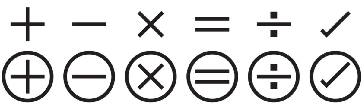 collection of calculate icons , Plus, minus, multiply, equal and divide sign icon set. Math sign vector illustration.