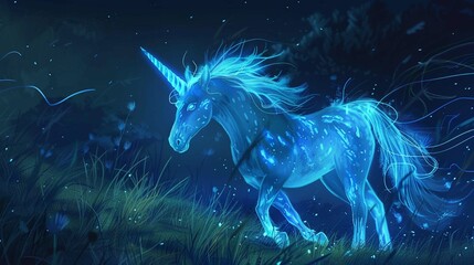 Obraz na płótnie Canvas A bioluminescent unicorn with a glowing horn