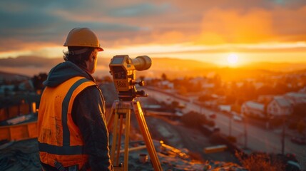Early morning light casts a golden hue on a surveyor telescope positioned at the edge of an active construction site - obrazy, fototapety, plakaty