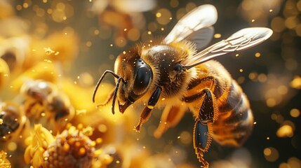 Explore the world of beekeeping as a beekeeper tends to the hives, while bees buzz in flight, epitomizing the harmonious relationship between humans and bees. - obrazy, fototapety, plakaty