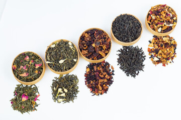 different types of tea on a white background. a kind of delicious fruit tea.