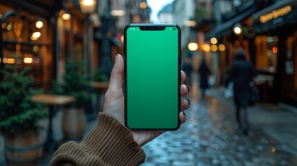 Female hands holding up a smartphone with a green screen against the backdrop of a busy outdoor - obrazy, fototapety, plakaty