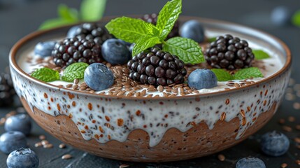 a close up of a bowl of food with berries and mint leaves on a table with blueberries and mints.