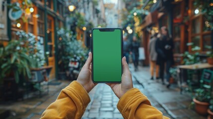 Female hands holding up a smartphone with a green screen against the backdrop of a busy outdoor  - obrazy, fototapety, plakaty