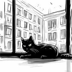 Cute cat lying in front of the window, floor-to-ceiling windows, parquet, white background, only black and white, decorations are made in doodles, illustration with marker, bold lines. Generative AI