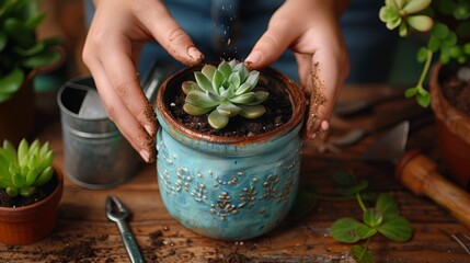 Female hands sprinkling soil around a newly planted succulent in a whimsically decorated jar, with a small watering can and gardening tools laid out on a rustic wooden table - obrazy, fototapety, plakaty