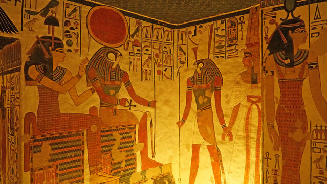 The Tomb of Queen Nefertari in Valley of the Queens, Luxor. Egyptian Hieroglyphs. Luxor, Egypt - February 04, 2024. 