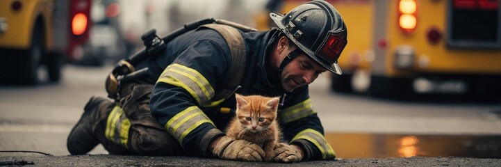 Obraz na płótnie Canvas A fireman saves a pet.