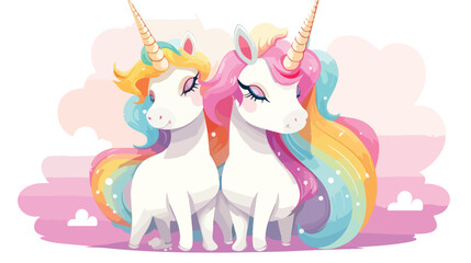 Two cute Unicorns on a rainbow background flat vector