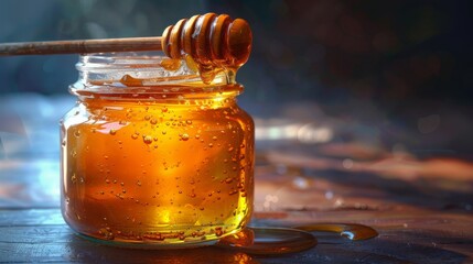 Glass can full of honey and wooden stick in it. - obrazy, fototapety, plakaty