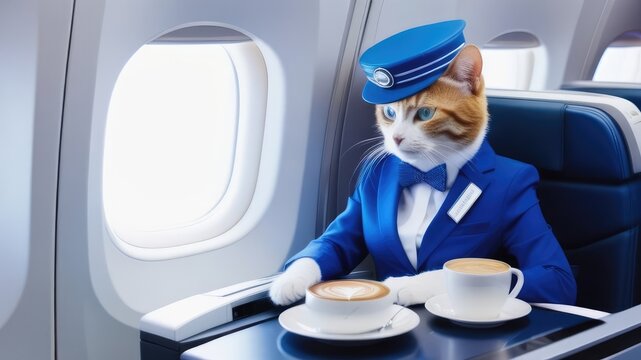 cat steward in a blue suit and hat on the plane drinks coffee against the backdrop of the porthole at the table. free time. vacation concept, trips to a warm country, traveling by plane