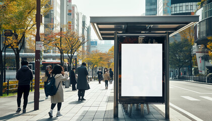 Lightbox advertisement board at bus stop side, people walking by. Transparent empty copy space. Generative AI	