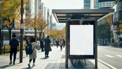 Lightbox advertisement board at bus stop side, people walking by. Transparent empty copy space. Generative AI	