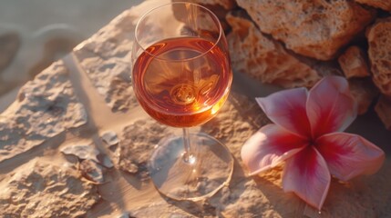 a glass of wine sitting on top of a table next to crackers and a flower on top of a rock.