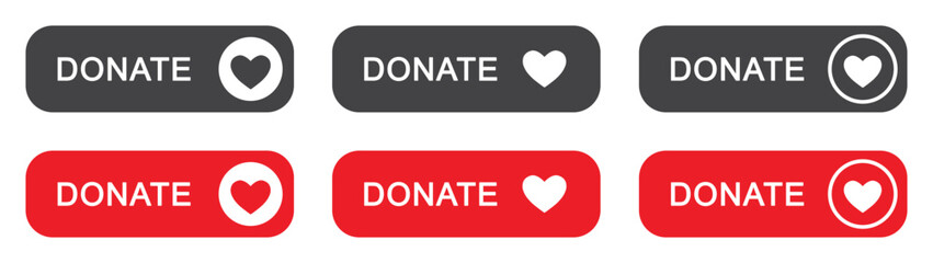 Set of donation web buttons. Donate button with heart. Financial aid symbol, help, support. Vector. EPS10.
