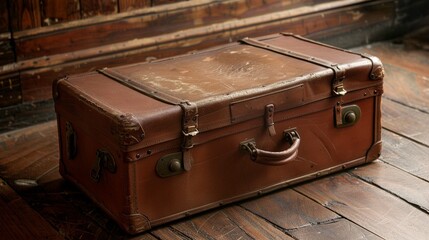 A vintage travel suitcase with leather straps - obrazy, fototapety, plakaty
